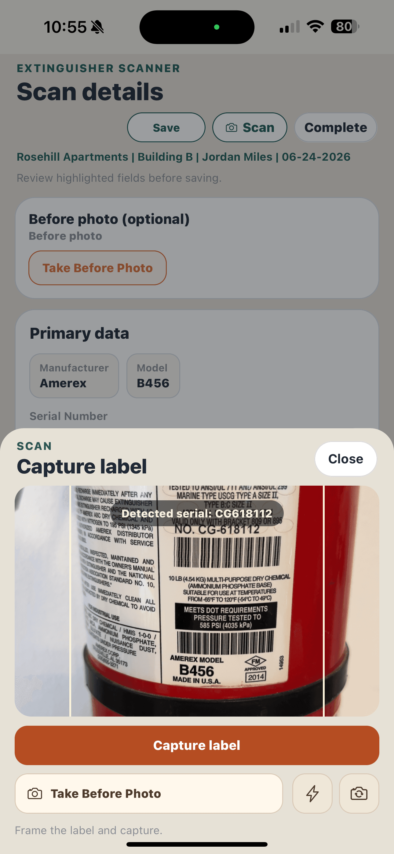 Extinguisher label capture screen with OCR serial number detection