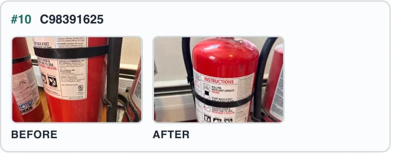 Cropped before and after extinguisher photo pair from Rosehill's inspection PDF.