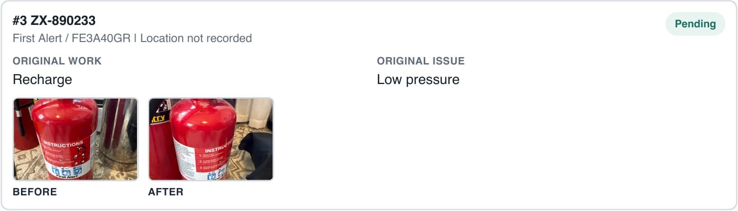 PDF follow-up card for ZX-890233 with Pending status, Recharge work, and Low pressure deficiency.