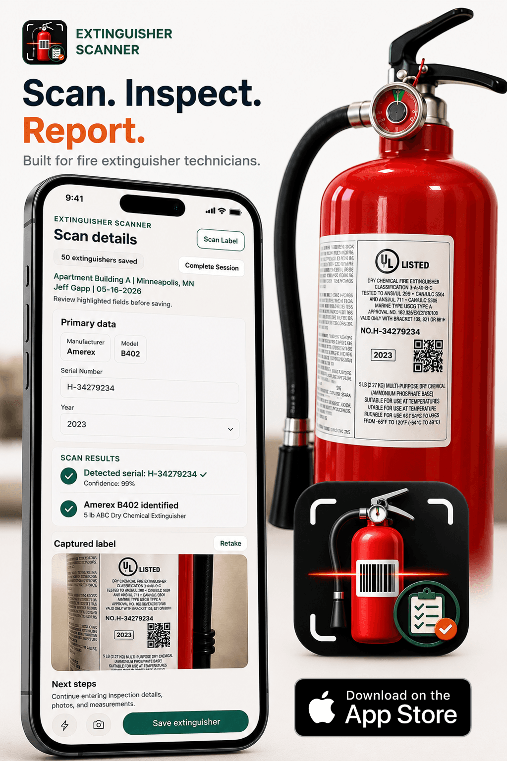 Extinguisher Scanner app showing scan details beside a fire extinguisher
